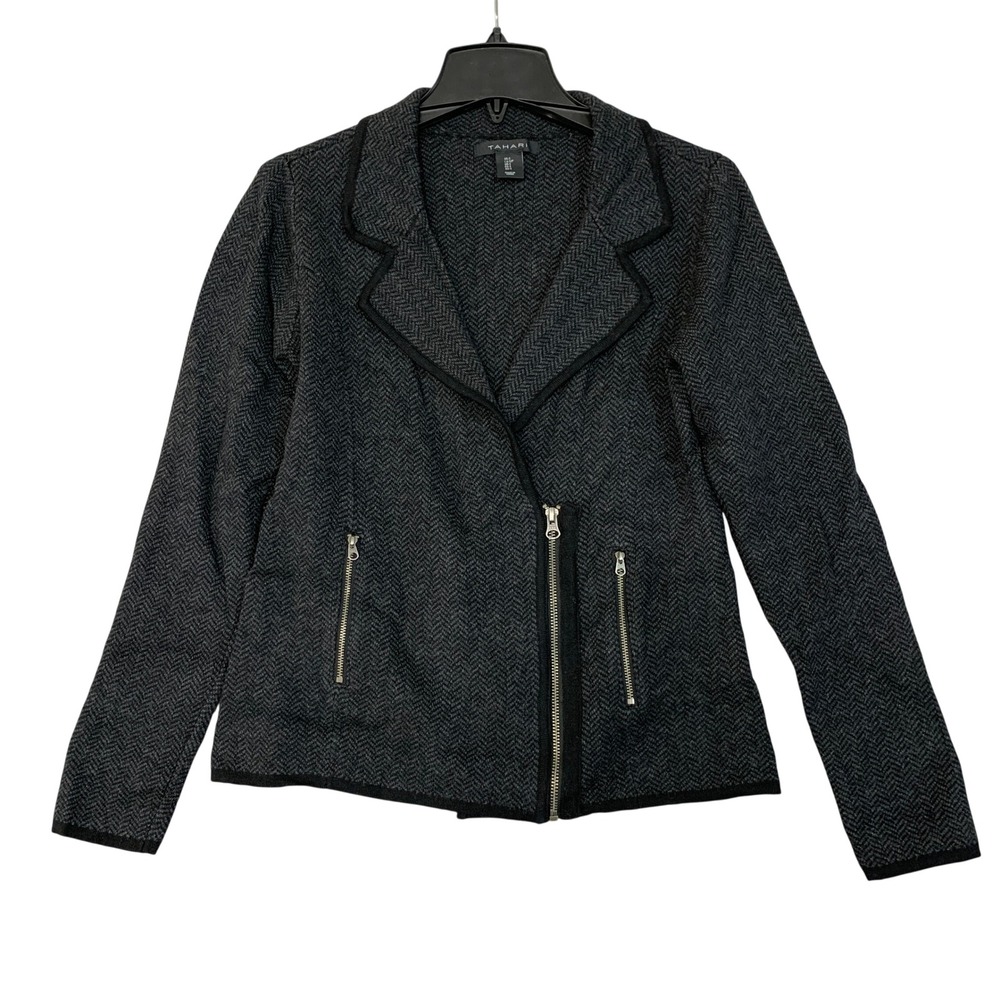 Tahari Women's S Black Gray Herringbone Moto Knit Jacket Merino Wool Blend